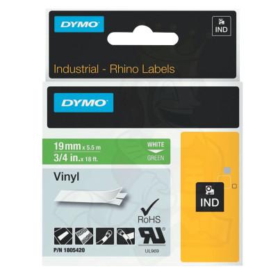 Newell Brands Industrial Rhino™ Vinyl Label Cartridge, 3/4 in W x 18 ft L, White Print on Green Background, 1805420
