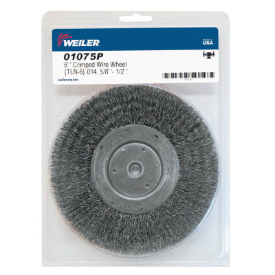 Weiler® Narrow Face Crimped Wire Wheel, 6 in D x 3/4 W, .014 in Steel Wire, 6,000 rpm, 01075P