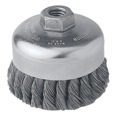Weiler® Single Row Heavy-Duty Knot Wire Cup Brush, 4 in Dia., 5/8-11 UNC, .035 Steel, 12326
