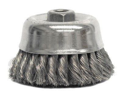 Weiler® Heavy-Duty Knot Wire Cup Brush, 4 in Dia., 5/8-11 UNC Arbor, .014 in Steel, 12756