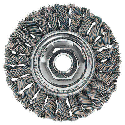 Weiler® Standard Twist Knot Wheel, 4 dia x 1/2 Wide, 0.014 Stainless Steel, 5/8 in to 11 UNC Nut, 13113