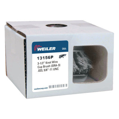 Weiler® Single Row Heavy-Duty Knot Wire Cup Brush, 3 1/2 in Dia., 5/8-11 UNC, .023 Steel, 13156P