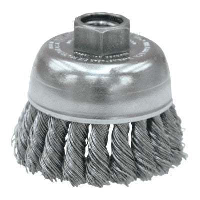 Weiler® Single Row Heavy-Duty Knot Wire Cup Brush, 2 3/4 in Dia., 5/8-11 UNC, .02 Steel, 13286