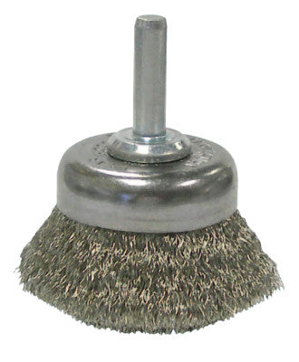 Weiler® Stem-Mounted Crimped Wire Cup Brush, 1 3/4 in Dia., .006 Stainless Steel, 14303