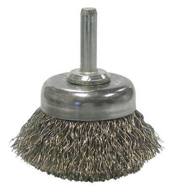 Weiler® Stem-Mounted Crimped Wire Cup Brush, 1 3/4 in Dia., .0118 in Stainless Steel, 14304
