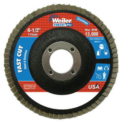 Weiler® Vortec Pro Abrasive Flap Discs,4.5", 36 Grit, 7/8 Arbor, 13,000 rpm, Phenolic, 31343