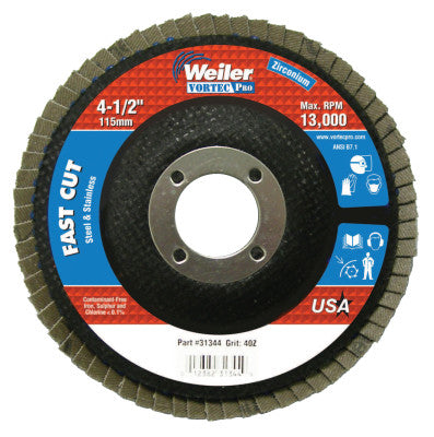 Weiler® Vortec Pro Abrasive Flap Discs,4.5", 40 Grit, 7/8 Arbor, 13,000 rpm, Phenolic, 31344