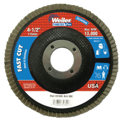 Weiler® Vortec Pro Abrasive Flap Discs,4.5", 60 Grit, 7/8 Arbor, 13,000 rpm, Phenolic, 31345
