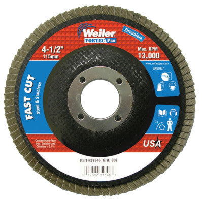 Weiler® Vortec Pro Abrasive Flap Discs,4.5", 80 Grit, 7/8 Arbor, 13,000 rpm, Phenolic, 31346