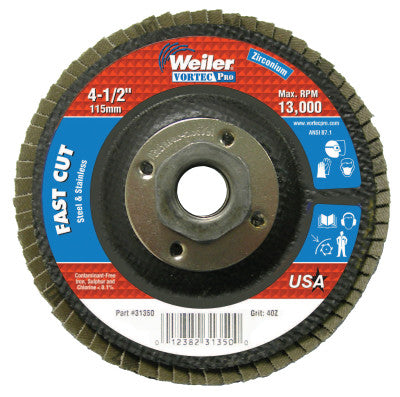 Weiler® Vortec Pro Abrasive Flap Discs,4.5", 40 Grit, 5/8 Arbor, 13,000 rpm, Phenolic, 31350