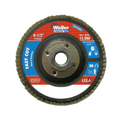 Weiler® Vortec Pro Abrasive Flap Discs,4.5", 120 Grit, 5/8 Arbor, 13,000 rpm, Phenolic, 31353