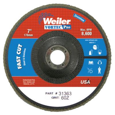 Weiler® Vortec Pro® Abrasive Flap Discs, 7 in, 60 Grit, 7/8 Arbor, 8,600 rpm, Phenolic, 31363