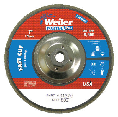 Weiler® Vortec Pro Abrasive Flap Discs, 7", 80 Grit, 5/8 Arbor, 8,600 rpm, Phenolic, 31370