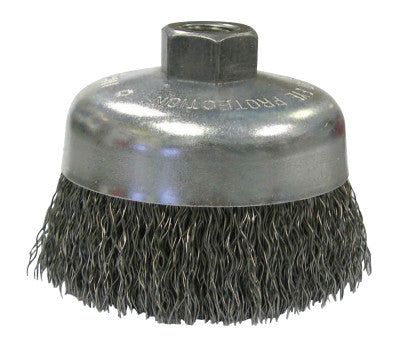 Weiler® Vortec Pro Crimped Wire Cup Brush, 6" Dia, 5/8-11 Arbor, 0.02" Steel, Display, 36037
