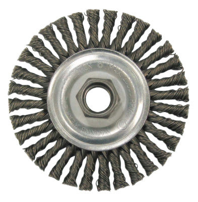 Weiler® Vortec Pro Knot Wire Wheel, 4 in Dia, .02 in Carbon Steel Wire, M10 x 1.25 Nut, 36221
