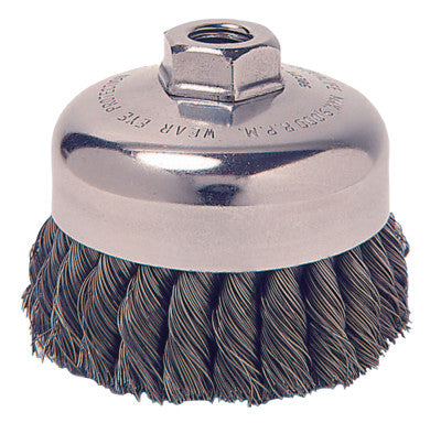 Weiler® Vortec Pro Knot Wire Cup Brush, 4 in Dia., 5/8-11 Arbor, .025 in Carbon Steel, 36244