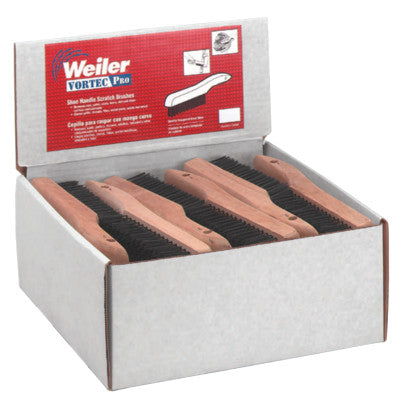 Weiler® Scratch Brush Countertop Displays, 10 in, Steel Wire, Curved Wood Handle, 36648