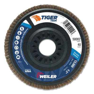Weiler® Trimmable Tiger Flap Discs, 4 1/2 in, 40 Grit, 7/8 in Arbor, 13,000 rpm, 50002