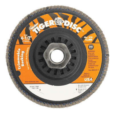 Weiler® Trimmable Tiger Flap Discs, 4 1/2 in, 40 Grit, 5/8 Arbor, 13,000 rpm, 50006