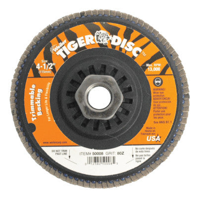 Weiler® Trimmable Tiger Flap Discs, 4 1/2 in, 80 Grit, 5/8 Arbor, 13,000 rpm, 50008