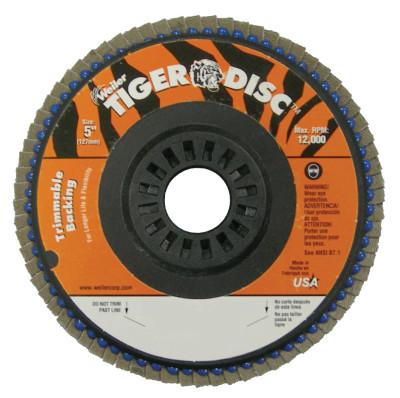 Weiler® Trimmable Tiger® Flap Discs, 5 in, 40 Grit, 7/8 in Arbor, 12,000 rpm, 50010