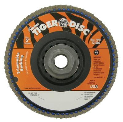 Weiler® Trimmable Tiger® Flap Discs, 5 in, 40 Grit, 5/8 Arbor, 12,000 rpm, 50014