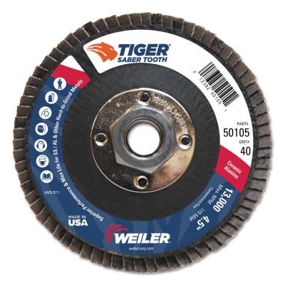 Weiler® Saber Tooth™ Ceramic Flap Disc, 4-1/2 in, 40 Grit, 5/8 in Arbor, 13,000 RPM, 50105