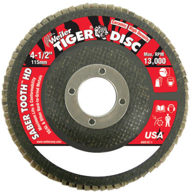 Weiler® Tiger® Saber Tooth™ Ceramic High Density Flap Disc, 4-1/2 in dia, 40 Grit, 7/8 in Arbor, 13,000 RPM, Type 27, 50130