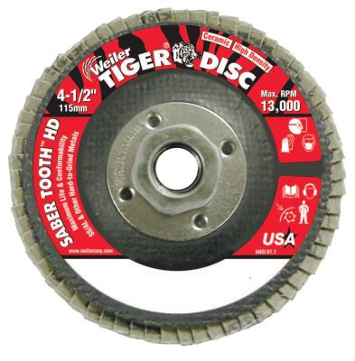 Weiler® Tiger® Saber Tooth™ Ceramic High Density Abrasive, 4-1/2 in dia, 60 Grit, 5/8 in-11 UNC Nut, 13,000 RPM, Type 27, 50134