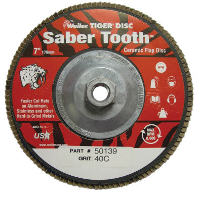 Weiler® Tiger® Saber Tooth™ Ceramic High Density Abrasive, 7 in dia, 40 Grit, 5/8 in-11 UNC Nut, 8,600 RPM, Type 27, 50139