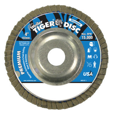 Weiler® Tiger Disc Angled Style Flap Discs, 4 in, 36 Grit, 5/8 Arbor, Aluminum Back, 50502
