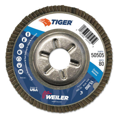 Weiler® Tiger Disc Angled Style Flap Discs, 4", 80 Grit, 5/8 Arbor, Aluminum Back, 50505