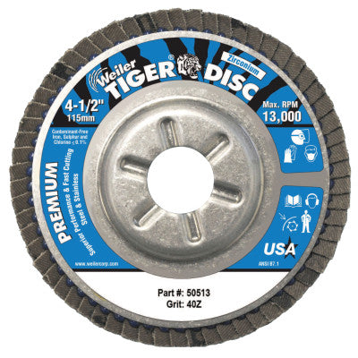 Weiler® Tiger Disc Angled Style Flap Discs, 4 1/2", 40 Grit, 7/8 Arbor, Aluminum Back, 50513