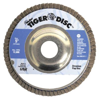 Weiler® Tiger® Disc Angled Style Flap Discs, 5 in, 120 Grit, 7/8 Arbor, Aluminum Back, 50526