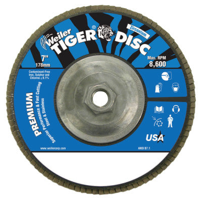 Weiler® Tiger Disc Angled Style Flap Discs, 7", 36 Grit, 5/8 Arbor, Aluminum Back, 50542