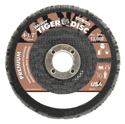 Weiler® Tiger® Disc Angled Style Flap Discs, 4 in Dia, 60 Grit, 5/8 in Arbor, 15000 rpm, 50554