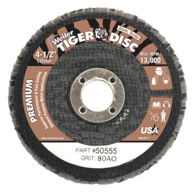 Weiler® Tiger® Disc Angled Style Flap Discs,4 in,80 Grit,5/8 Arbor,Phenolic Back,Alum Oxid, 50555