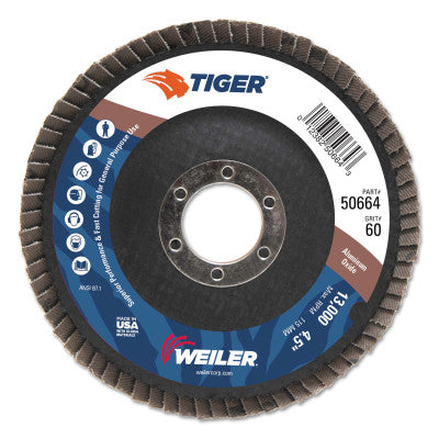 Weiler® Tiger® Disc Flat Style Flap Discs, 4.5 in,60 Grit,7/8 Arbor,Phenolic Back,Alum Oxid, 50664