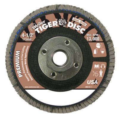 Weiler® Tiger Disc Flat Style Flap Discs, 4 1/2", 60 Grit, 5/8 Arbor, Phenolic Back, 50669
