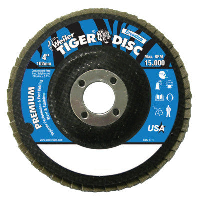 Weiler® Tiger® Disc Flat Style Flap Discs, 4 in, 80 Grit, 5/8 Arbor, Phenolic Back, 50695