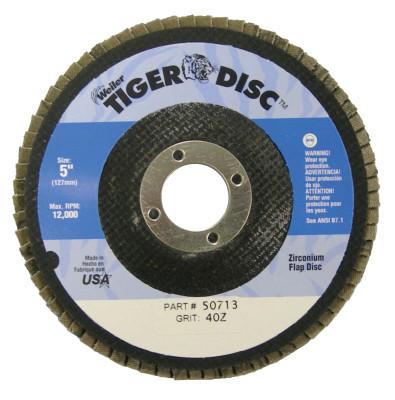 Weiler® Tiger® Disc Flat Style Flap Discs, 5 in, 40 Grit, 7/8 Arbor, Phenolic Back, 50713