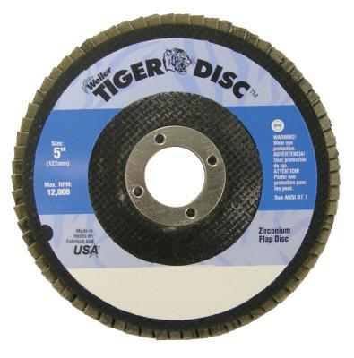 Weiler® Tiger® Disc Flat Style Flap Discs, 5 in,60 Grit,7/8 Arbor,Phenolic Back,Zirconium, 50714