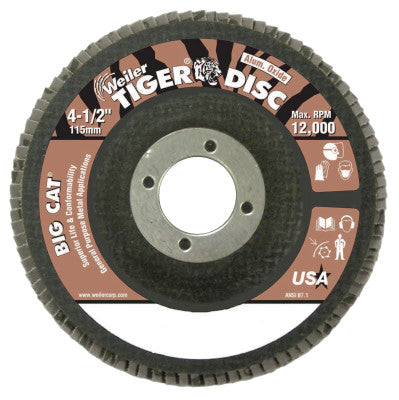 Weiler® Tiger® Big Cat® High Density Flap Disc, 4-1/2 in dia, 40 Grit, 7/8 in Arbor, 12,000 RPM, Type 27, 50763