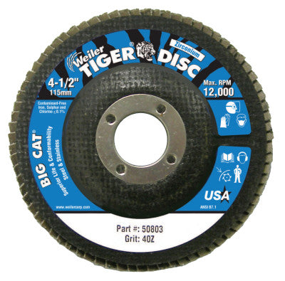 Weiler® Tiger® Big Cat® High Density Flap Disc, 4-1/2 in dia, 40 Grit, 7/8 in Arbor, 12,000 RPM, Type 27, Type 27, 50803