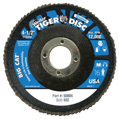Weiler® Tiger® Big Cat® High Density Flap Disc, 4-1/2 in dia, 60 Grit, 7/8 in Arbor, 12,000 RPM, Type 27, 50804