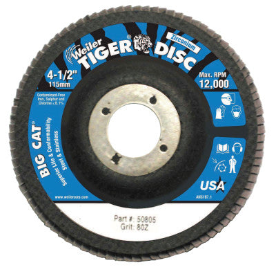 Weiler® Tiger® Big Cat® High Density Flap Disc, 4-1/2 in dia, 80 Grit, 7/8 in Arbor, 12,000 RPM, Type 27, 50805