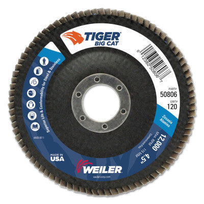 Weiler® Tiger® Big Cat® High Density Flap Disc, 4-1/2 in dia, 120 Grit, 7/8 in Arbor, 12,000 RPM, Type 27, 50806