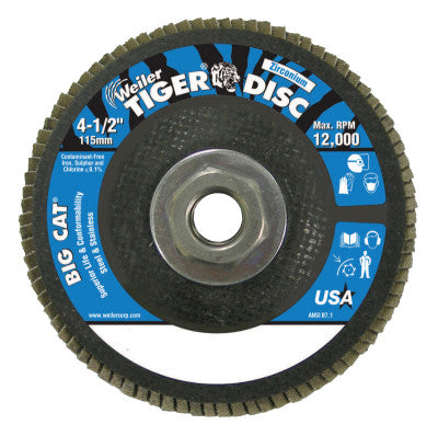 Weiler® Tiger® Big Cat® High Density Flap Disc, 4-1/2 in dia, 40 Grit, 5/8 in-11 UNC Arbor, 12,000 RPM, Type 27, 50808