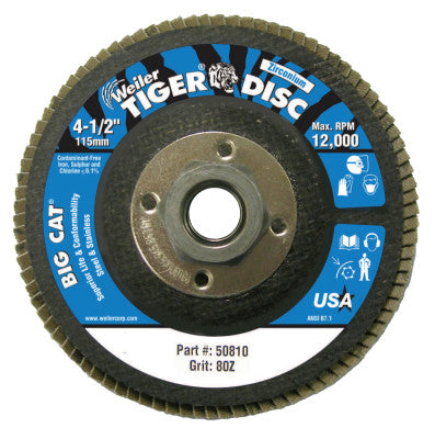 Weiler® Tiger® Big Cat® High Density Flap Disc, 4-1/2 in dia, 80 Grit, 5/8 in-11 UNC Arbor, 12,000 RPM, Type 27, 50810