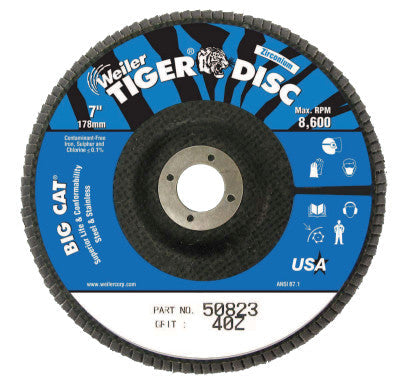 Weiler® Tiger® Big Cat® High Density Flap Disc, 7 in, 40 Grit, 7/8 in Arbor, 8,600 RPM, Type 27, 50823